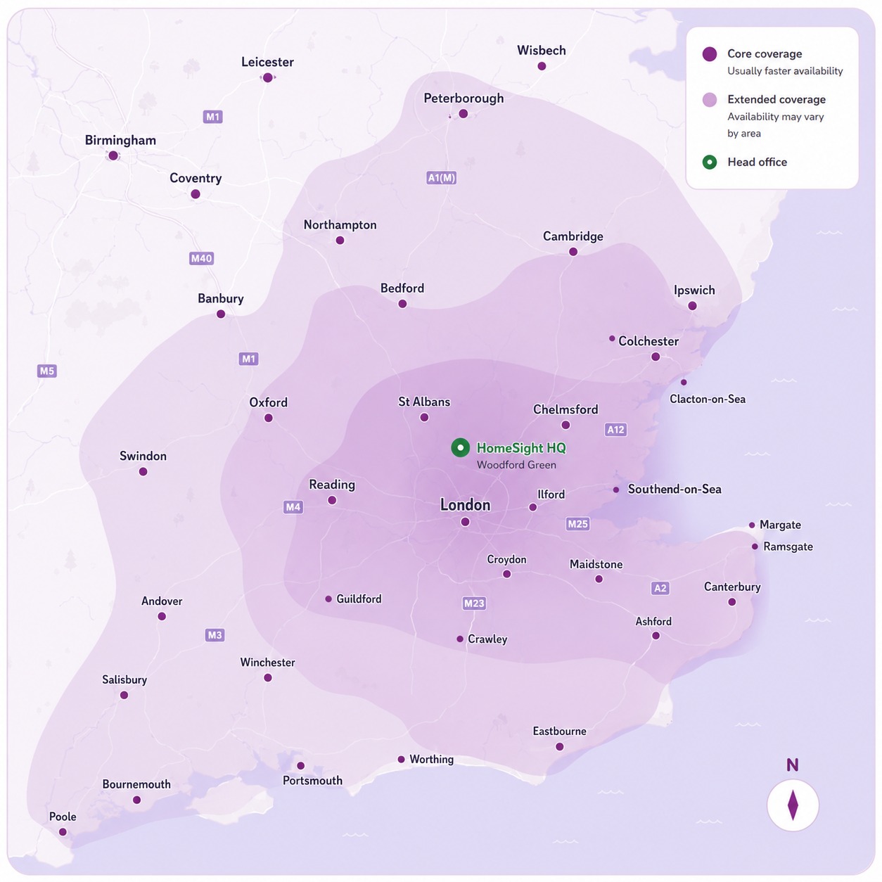 Map of HomeSight's home-visit coverage: core coverage around Greater London and extended coverage across the South East, with the head office in Woodford Green. Legend shows core coverage (usually faster availability), extended coverage (availability may vary by area) and the head office.