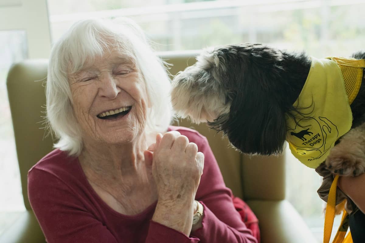 Optometrist testing an older woman's sight in her living room during a home visit in East London