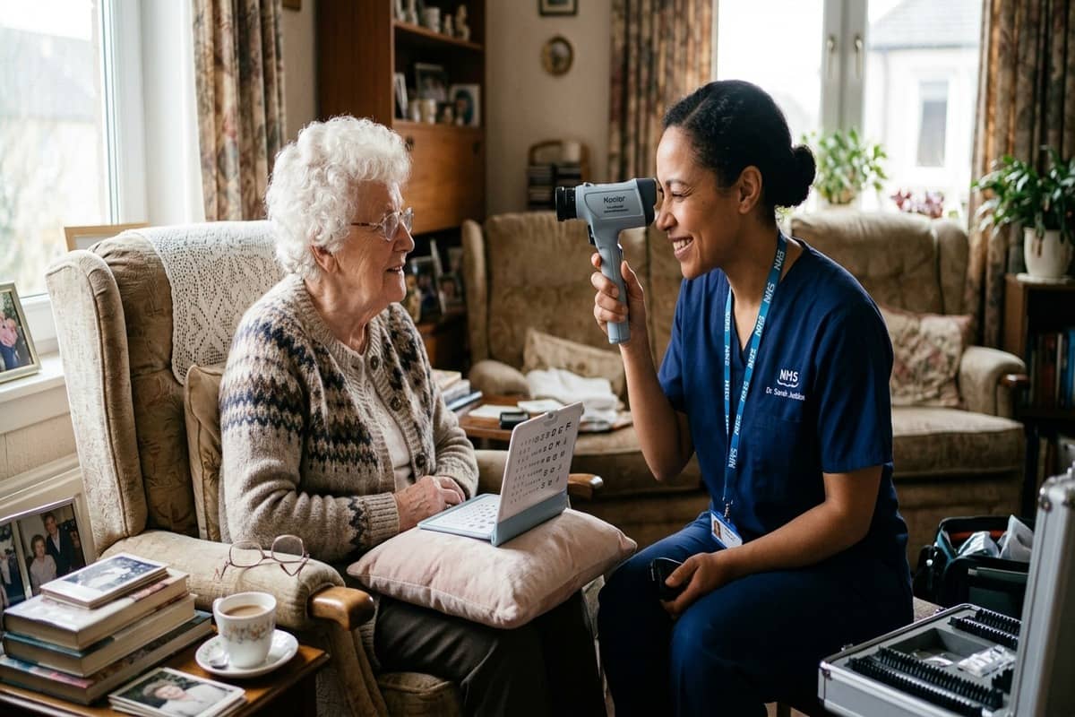 Optometrist carrying out a home eye test for an older woman sitting in her armchair